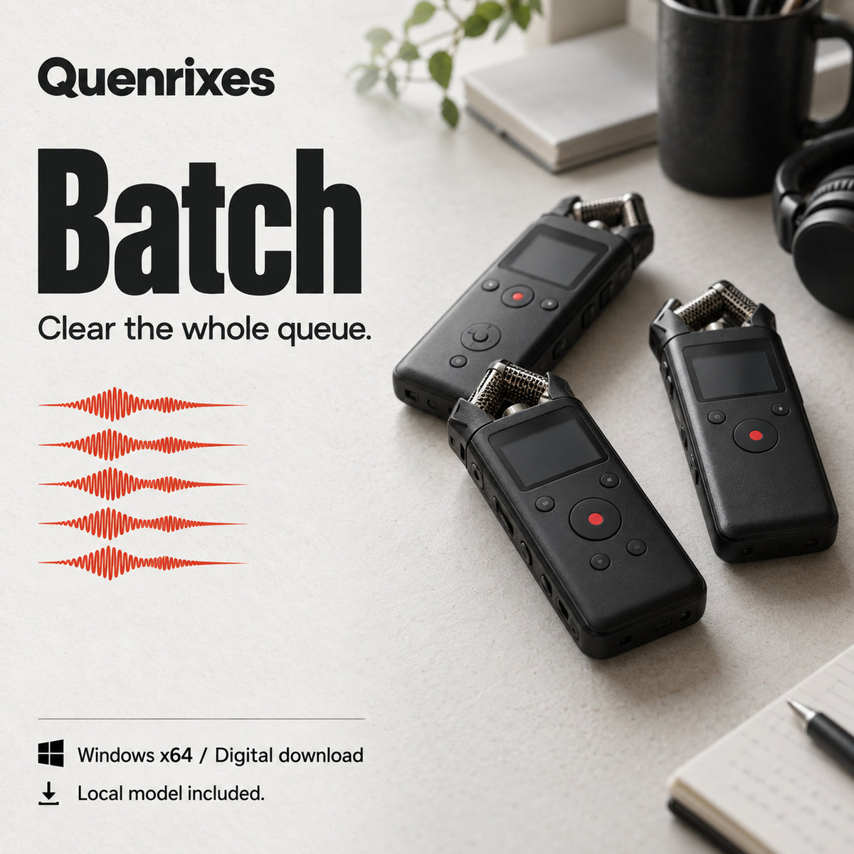 Quenrixes Batch downloadable Windows transcription software. Batch queue workflow, illustrated with portable audio recorders.