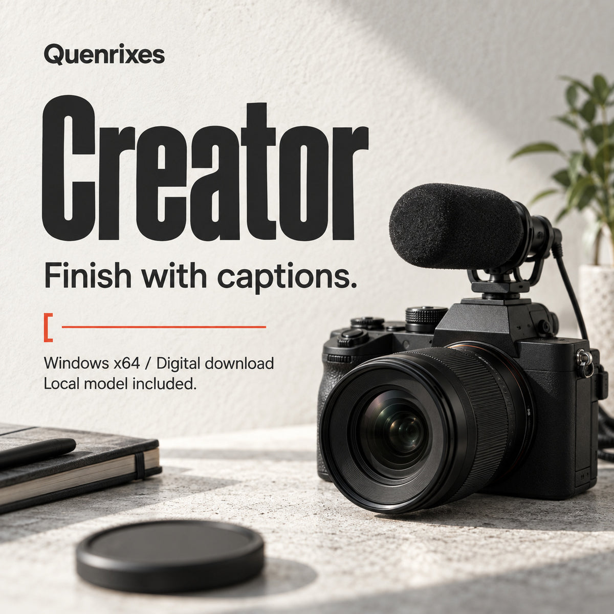 Quenrixes Creator downloadable Windows transcription software. Subtitle styling and video captions, illustrated with a camera and microphone.