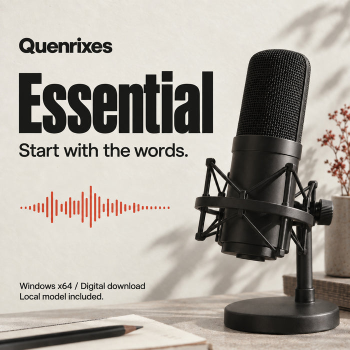Quenrixes Essential downloadable Windows transcription software. Single recording workflow, illustrated with a studio microphone.