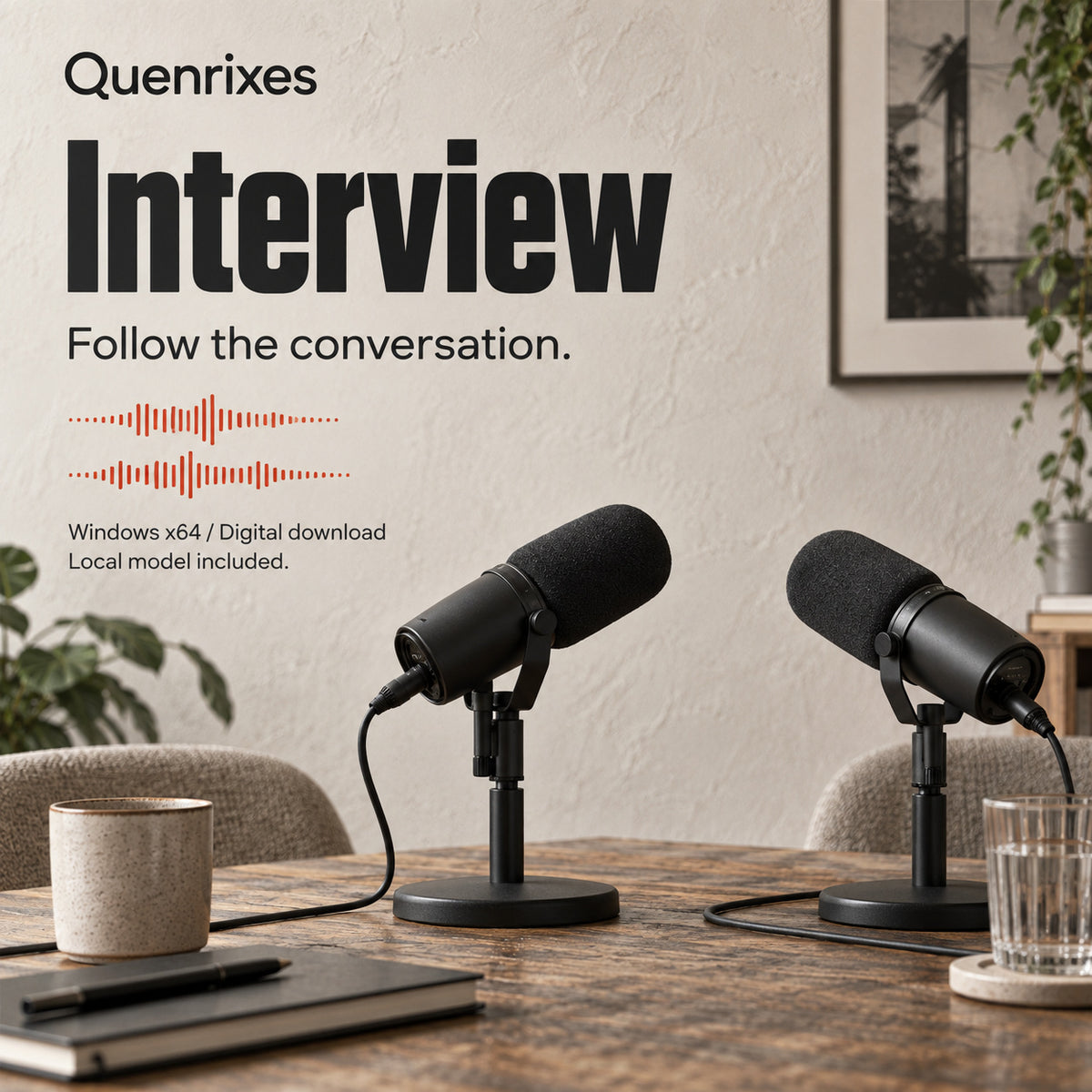Quenrixes Interview for Windows: offline speaker review and transcription software, illustrated with two microphones.