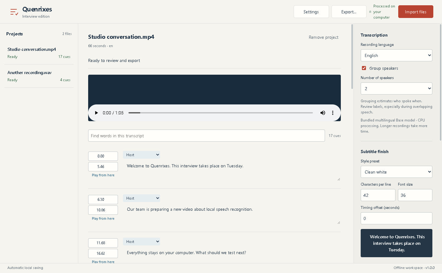 Real Quenrixes desktop interface with a transcribed recording, timestamps and export controls