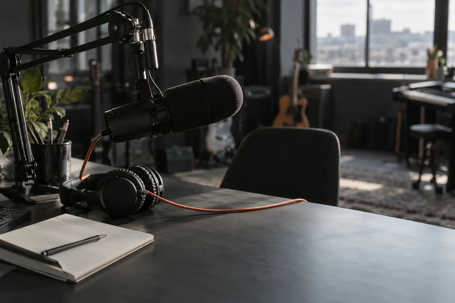 Broadcast microphone and headphones in a naturally lit independent recording studio